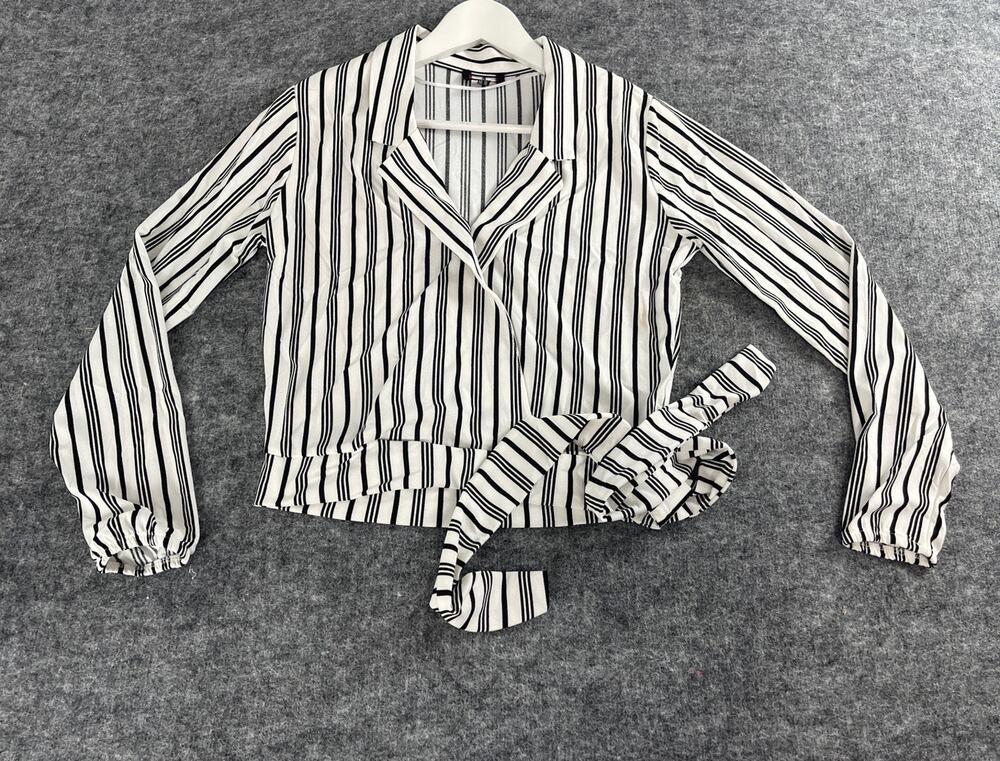 Jennyfer Blouse Women’s Medium Cropped Top Striped White Long Sleeve V Neck N254
